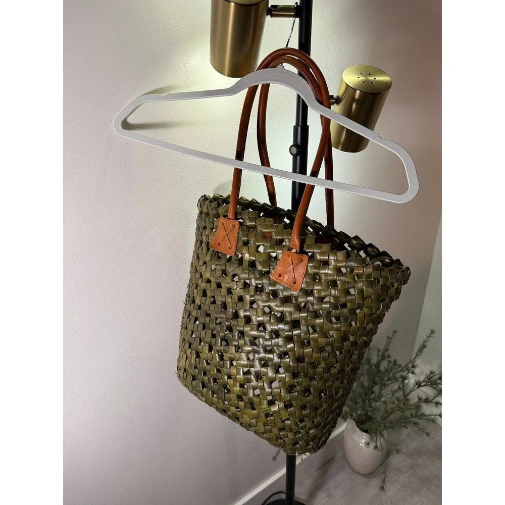 Hand Woven Palm Leaf Tote Bag Olive Green Leather Handle Luxury Basket Shopper